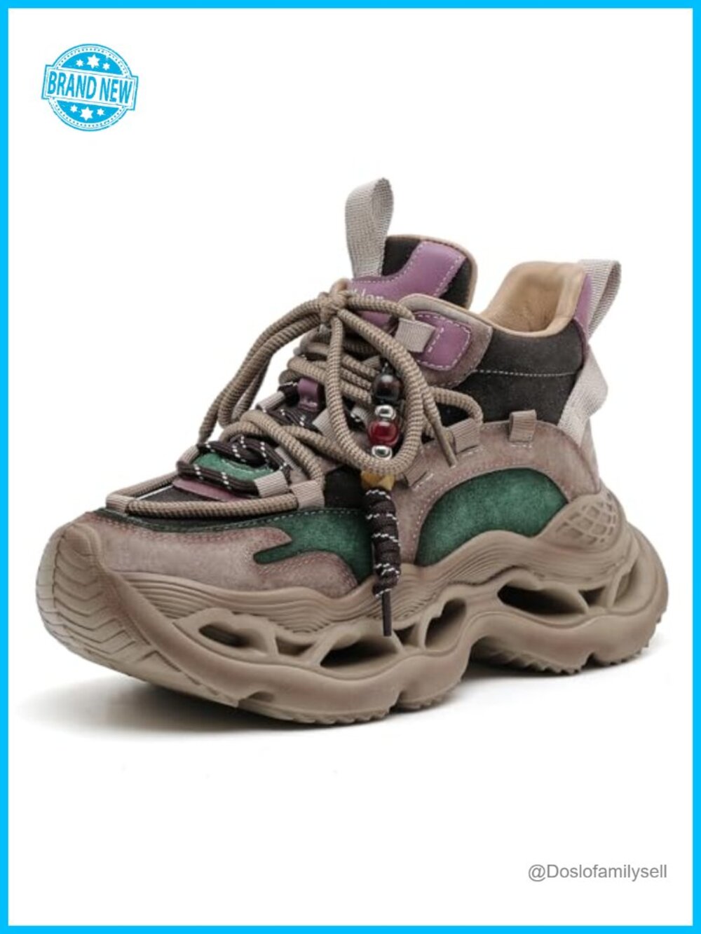 Women's Chunky Platform Walking Sneakers Leather Mesh Lace-Up Non-Slip Comfort